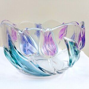 Vintage Handcrafted Art Glass Bowl With Purple Teal Accents 4" Tall X 8" Wide De